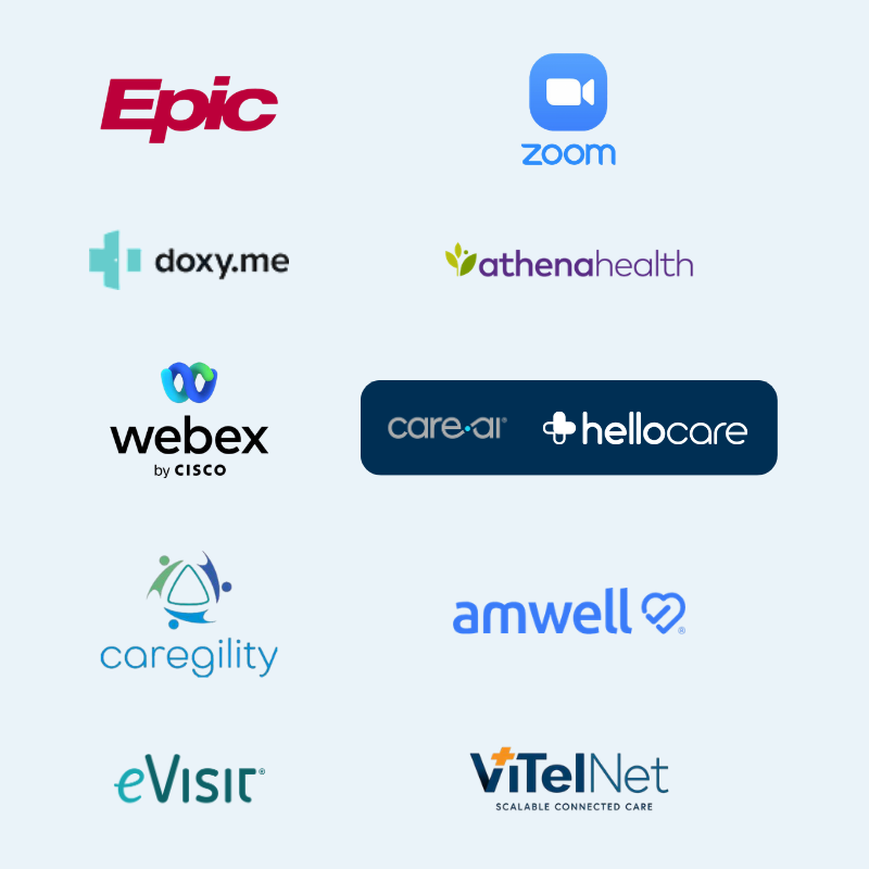 Collage of health-tech logos on a light blue background: Epic, Zoom, doxy.me, athenahealth, Webex by Cisco, care.ai and hellocare, Caregility, Amwell, eVisit, and ViTelNet.