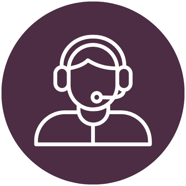 Support agent with headset icon inside a purple circular badge