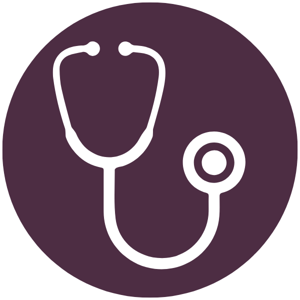 Stethoscope icon on a purple circular background, representing medical care