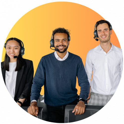 Four customer support agents wearing headsets and standing at desks, ready to assist callers against an orange gradient backdrop.